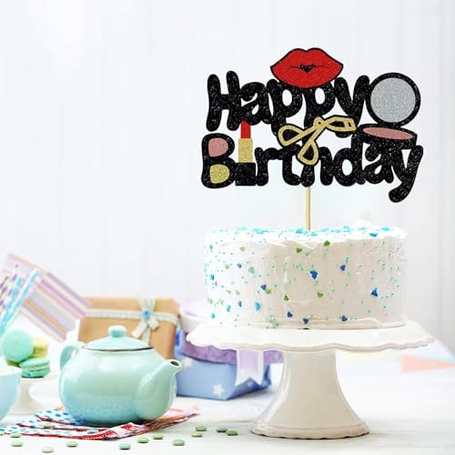 1PC Makeup Happy Birthday Cake Decoration, Powder, Eyelash Curler, Lipstick Glitter Cake Decor for Girls or Women Spa Themed Parties