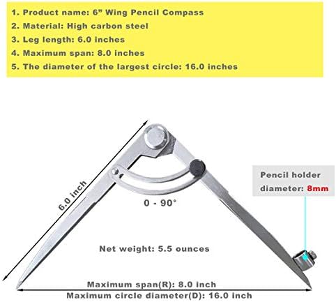 ZLKSKER 6/8/10 inch Professional Woodworking Compass with Pencil Holder & Lockable Wing, Geometry & Drafting Compass for Carpenter (6 inch)