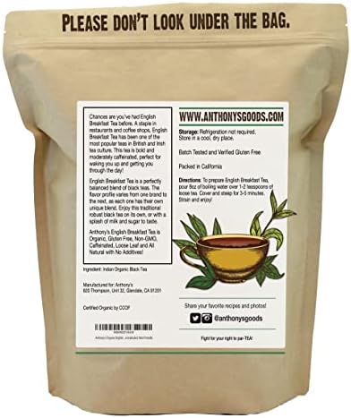 Anthony's Organic English Breakfast Loose Leaf Tea, 1 lb, Gluten Free, Non GMO, Non Irradiated, Keto Friendly