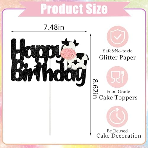 Cow Happy Birthday Cake Topper - Black Glitter Cow Birthday Decoration for Farm Animal Theme Party, Birthdays Party Cake Decor Supplies