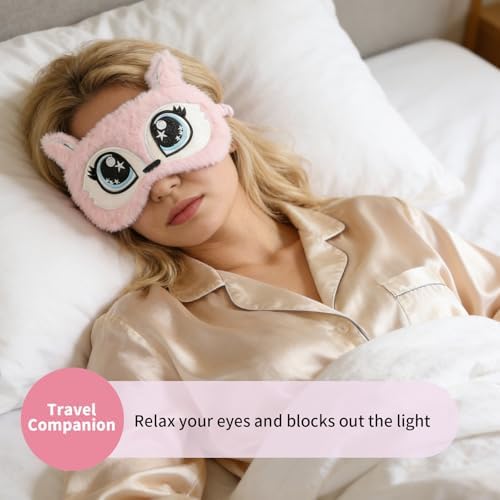 PERFECTSIGHT Sleep Eye Masks, Cute Plush Sleep Eye Cover Lightweight Adjustable Eyeshade Faux Fur Mask Cover for Women Men Sleep Travel Nap, Fox