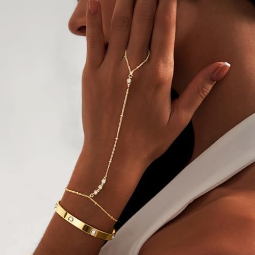 My Queen Bracelets for Women 14K Gold/Silver Plated Dainty Stackable Hand Chain Bracelet Trendy Ring Chain Bangle Cuff Bracelets Adjustable Body Jewelry Set Gifts