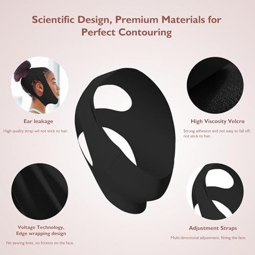 Jawline Shaper Chin Strap for Sleeping, Reusable V-Line Mask for Women Face Lifting Made w/Electric-Hot-Press Tech for Skin-Friendly & Breathable Cooling Fabric (Black, One Size)