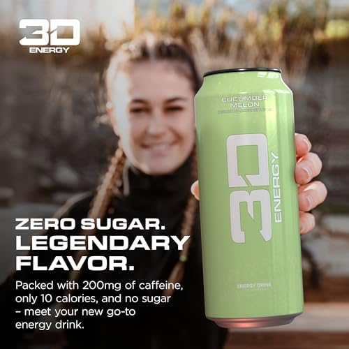 3D Energy Drink – Sugar Free, 200mg Caffeine, Pre Workout, Taurine, L-Carnitine, Lightly Carbonated, 16oz Cans, 12 Pack - Cucumber Melon
