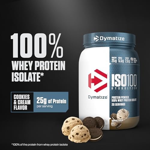 Dymatize ISO100 Whey Protein Powder Isolate, Cookies & Cream, 25g of Protein, 5.5g BCAAs, Less Than 120 Cal., Gluten Free, 1g Fat, 1g Sugar, 2g Carb (20 Servings)
