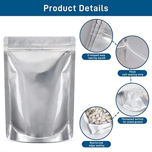 50 Packs Mylar Bags for Food Storage with Clear Window,1 QUART(9.44 Mil, 7"x 10") Reusable Mylar Bags with 400CC Oxygen Absorber for Grains, Wheat, Rice, Legumes, Meat Long Term Food Storage