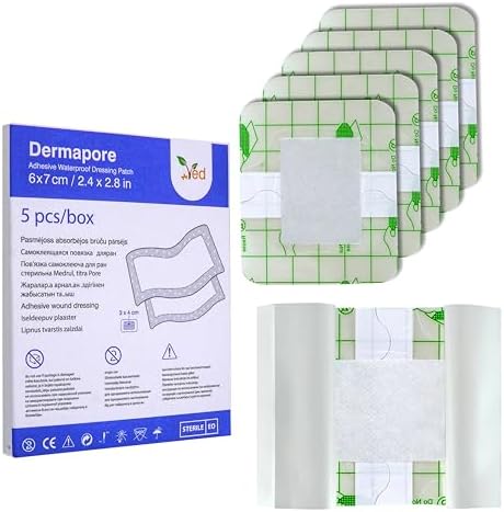 VED Dermapore Waterproof Adhesive Wound Dressing- Suitable for cuts and grazes, Diabetic Leg ulcers, venous Leg ulcers, Small Pressure sores- Medium, 6 x 7cm (Pack of 5)., Blue