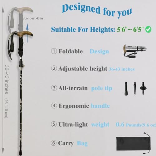 Walking Cane-Foldable, Adjustable,Collapsible Walking Canes for Men&Women,Heavy Duty All Terrain Tip,with Travel Bag-Walking Sticks for Seniors&Adults[Black] Trekking Poles Hiking Walking Stick