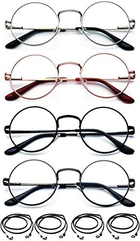 4 Packs Round Reading Glasses with Lanyards Metal Frame Slim Rim Spring Hinge Circle Frame Vintage Reading Glasses +1.50