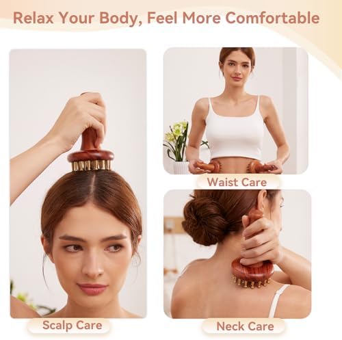 29teeth Copper Head Massage Comb for Body and Scalp Meridian Point Massager Brush for Body and Scalp Relief Body Massage Brush for Cellulite Remover Chinese SPA Gua Sha Tool Wooden Handle 按摩梳, 经络刷
