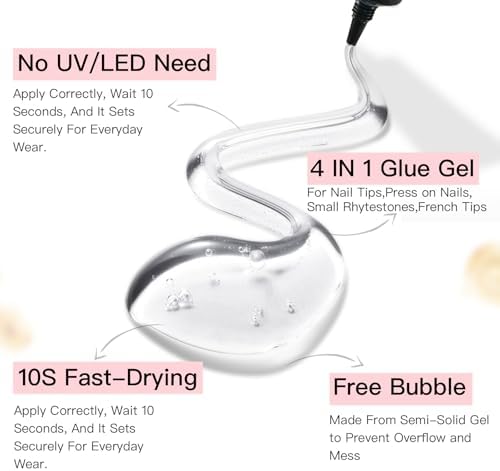 Curvlife 10g Semi-Solid Glue and 20ml Pinpoint Glue Remover Kit - Gel for Press on Nails, Quick Dry No UV Lamp Needed with Gentle Non-Acetone Remover, Fake Nail Tips