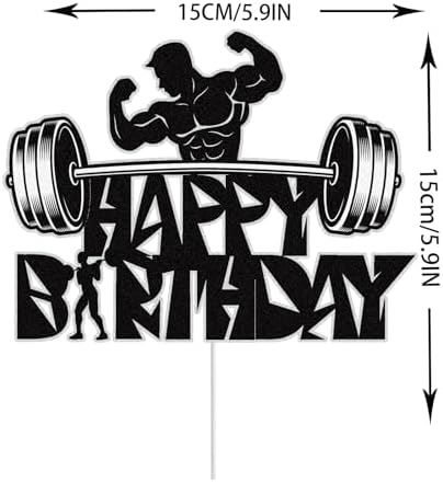 Gym Fitness Happy Birthday Cake Topper Black Glitter Cake Decorations Bodybuilding Gym Weightlifting Barbell Sports Boys Man Fitness Lover Themed Birthday Party Supplies