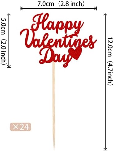 24 PCS Happy Valentine's Day Cupcake Toppers Glitter Sweet Love Be Mine Valentines Cupcake Picks Valentine's Day Theme Birthday Party Cake Decorations Supplies Red