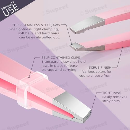 Swpeet 12Pcs 3.79 Inches Pink Eyebrow Tweezers Stainless Steel Slant Tip Tweezers Kit, Professional Eyebrow Facial and Hair Remover, Slant Pointed Precision Tweezers Fits for Men and Women