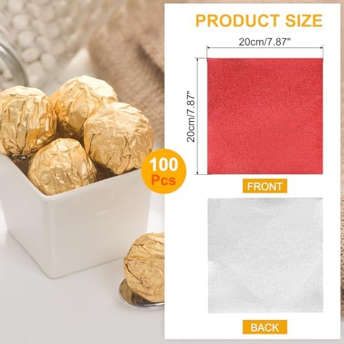 uxcell 100pcs Foil Candy Wrappers, 8 x 8 Inch Chocolate Bar Wrappers, Aluminum Foil Paper for Caramel Candy Packaging Decoration (Red, Orange Peel)