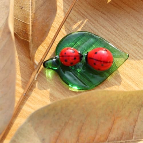 Mini Crystal Green Leaf Glass Ladybug:Decor Insect Statue Decor Room Ornament Hand-Blown Glass Collectible Figurines