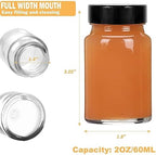 2 oz Small Clear Glass Bottles with Lids - 12 Pcs Wide Mouth Shot Bottles with Caps for Ginger Shots, Juice, Potion, Liquids, Whiskey - Mini Travel Bottles with Funnels, Stickers (12PCS-Clear)