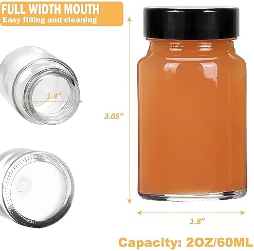 2 oz Small Clear Glass Bottles with Lids - 12 Pcs Wide Mouth Shot Bottles with Caps for Ginger Shots, Juice, Potion, Liquids, Whiskey - Mini Travel Bottles with Funnels, Stickers (12PCS-Clear)