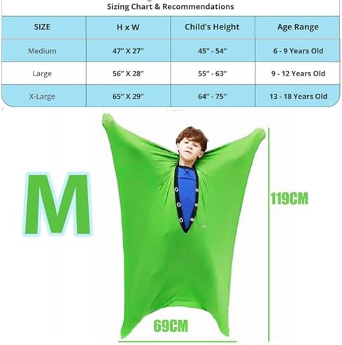 Sock Sensory - 47" L x 27" W, Dynamic Movement Sensory Sock Body Sock,Good for Height:45"- 54",at 6-9 Years Old (Green, M)