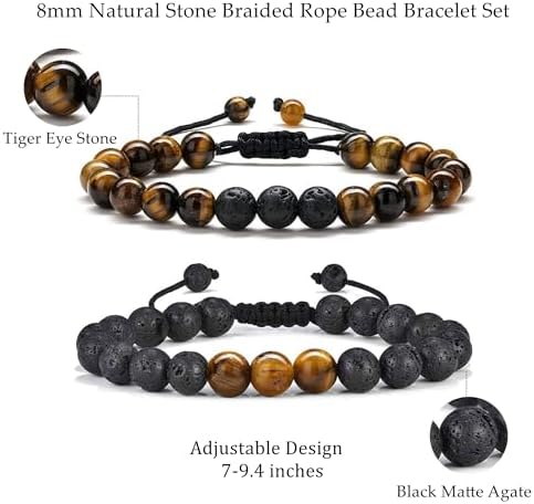 M MOOHAM Beaded Bracelets Set for Men Teen Boys - Beaded Natural Stone 8mm Tiger Eye Matte Agate Lava Rock Bracelets for Men Teen Boys Dad Grandpa Birthday Gifts Jewelry
