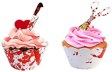 Soochat Halloween Cupcake Toppers Wrappers Horror Cake Decoration Bloodstain Cake Knife Scissors for Halloween Party Decoration 24 Pcs