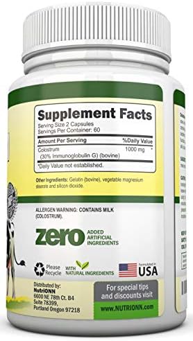 Colostrum - 1000mg - 120 Capsules - 30% IgG - Non-GMO US Dairy - First Milking Bovine Colostrum - Low Heat Processed - Great for GI Tract Health - Immune Support - Bone and Muscle Health