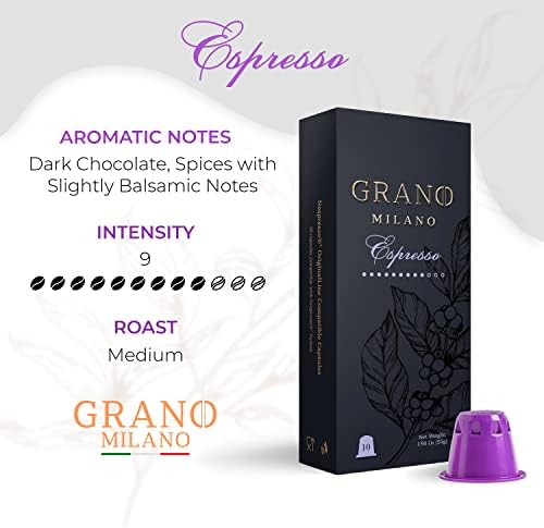 Grano Milano - 50 Espresso Pods Compatible with Nespresso Original line, Medium Roast - Intensity 9/12, Coffee Capsules Made in Italy Espresso Coffee