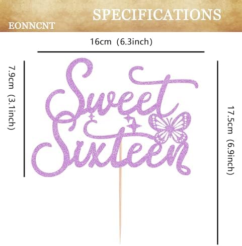 Sweet Sixteen Cake Topper - Purple Glitter Butterfly Theme Sweet 16 Birthday Cake Decorating Supplies for Girls, Sweet 16 Cake Topper for Happy 16th Birthday Anniversary Party Photo Booth Props