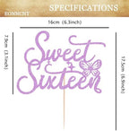 Sweet Sixteen Cake Topper - Purple Glitter Butterfly Theme Sweet 16 Birthday Cake Decorating Supplies for Girls, Sweet 16 Cake Topper for Happy 16th Birthday Anniversary Party Photo Booth Props