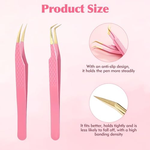 2PCS Professional Lash Tweezers Set, Bent & Straight Tip Precision Eyelash Extension Tweezers for False Lashes, Non-Slip Grip