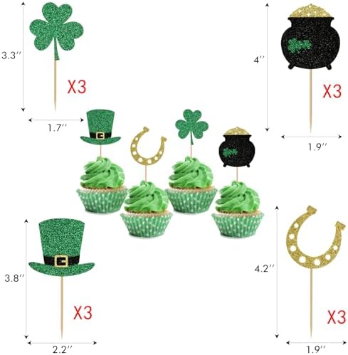 36 pcs St Patrick's Day Cupcake Toppers, Green Glitter Shamrock Four Leaf Clover Horseshoe Hat for St Patrick's Day Theme Baby Shower Birthday Party Supplies