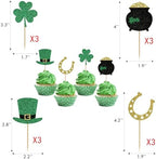 36 pcs St Patrick's Day Cupcake Toppers, Green Glitter Shamrock Four Leaf Clover Horseshoe Hat for St Patrick's Day Theme Baby Shower Birthday Party Supplies