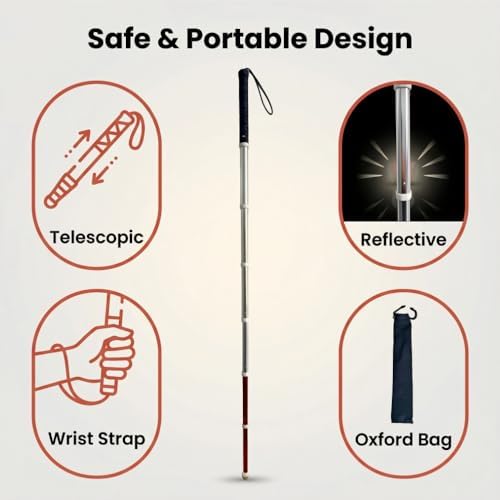 Telescopic Retractable White Cane for Blind-Foldable Mobility Stick with Wrist Strap&Storage Pouch,Non-Slip Sweat-Absorbent Handle,Fixed Alloy Tip|Lightweight Portable Blind Walking Cane Stick