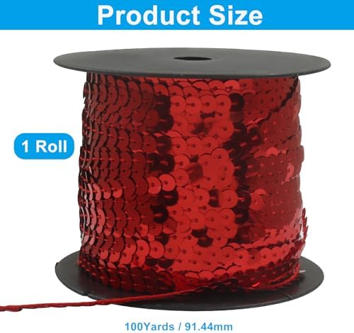 100 Yards Flat Sequin Trim Glitter Sequin Strip, 6mm Paillette Ribbon Metallic Sequins String for Crafts/Sewing Dresses Costumes(Red)