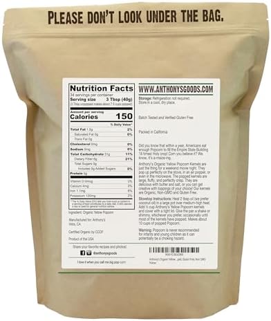 Anthony's Organic Yellow Popcorn Kernels, 3 lb, UnPopped, Gluten Free, Non GMO