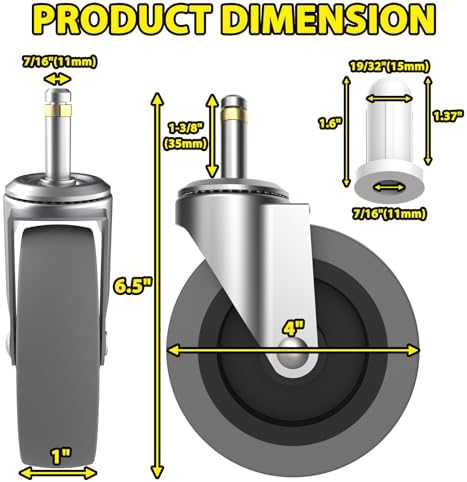 4 Inch Swivel Stem Caster Wheels, 7/16-Inch Stem Diameter Rubber Castors, Heavy Duty TPR Replacement Wheels for Utility Carts Rubbermaid Mop Bucket Shop Vac Weber Grills - 4 Pack