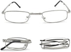 Compact Rectangular Metal Folding Reading Glasses with Leather Case for Men and Women