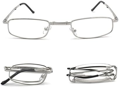 Compact Rectangular Metal Folding Reading Glasses with Leather Case for Men and Women