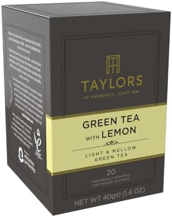Taylors of Harrogate Green Tea with Lemon, Individually Wrapped Bags, 20 Count (Pack of 1), Citrussy, Mellow and Light, Caffeinated, Enjoy Hot or Iced, 20 Teabags