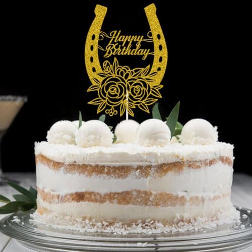 Horseshoe Happy Birthday Cake Topper, Western Theme Cake Topper, Racing Horse, Mexican Birthday Party Decor, Gold Glitter