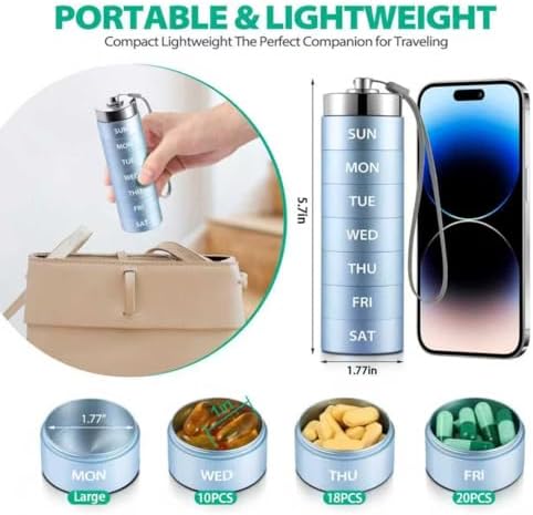 Metal Pill Organizer, Travel Large Weekly Pill Box, Portable Aluminum Alloy Waterproof Pill Case Container, 7 Day Daily Medicine Organizer Holder for Vitamin, Fish Oil, Supplement, Blue