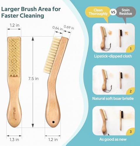 BFWood Laundry Stain Brush, Large Natural Soft Boar Bristles, Removes Tough Stains from Delicate Fabrics Like Knits, Cotton, and Linens, Gentle on Fabrics, No Damage