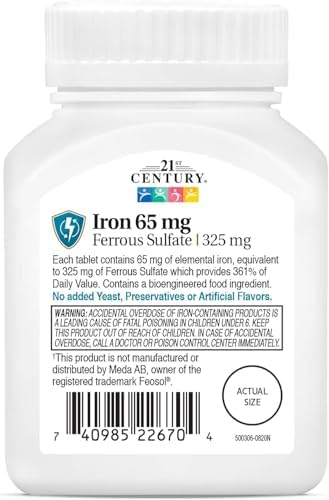21st Century Slow-Release Iron Supplement, (120 Count), High Potency Vegan Iron Tablets with 325 mg Ferrous Sulfate, Gluten Free Dietary Supplement for Adults, No Added Yeast or Artificial Flavors