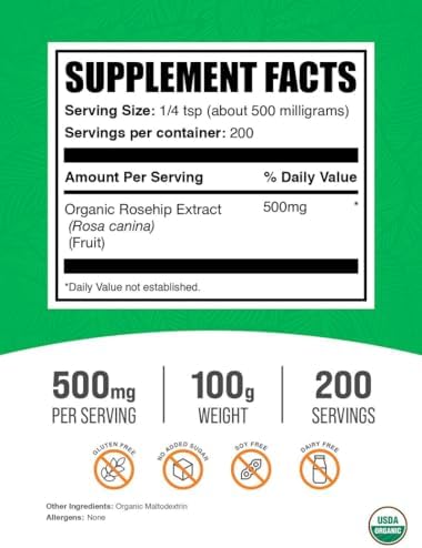BulkSupplements.com Organic Rosehip Extract Powder - Rose HIPS Supplement, Rosehip Powder - Herbal Supplement, Antioxidants Source - Gluten Free, 500mg per Serving, 100g (3.5 oz) (Pack of 1)