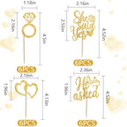 BEISHIDA He Asked She Said Yes Cupcake Toppers, 24 Pcs Engagement Cupcake Toppers Glitter Diamond Ring Heart Cupcake Picks for Wedding Engagement Bridal Shower Party Cake Decorations(Gold)