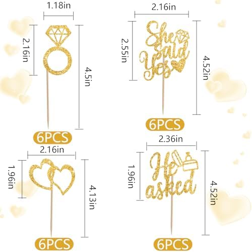 BEISHIDA He Asked She Said Yes Cupcake Toppers, 24 Pcs Engagement Cupcake Toppers Glitter Diamond Ring Heart Cupcake Picks for Wedding Engagement Bridal Shower Party Cake Decorations(Gold)