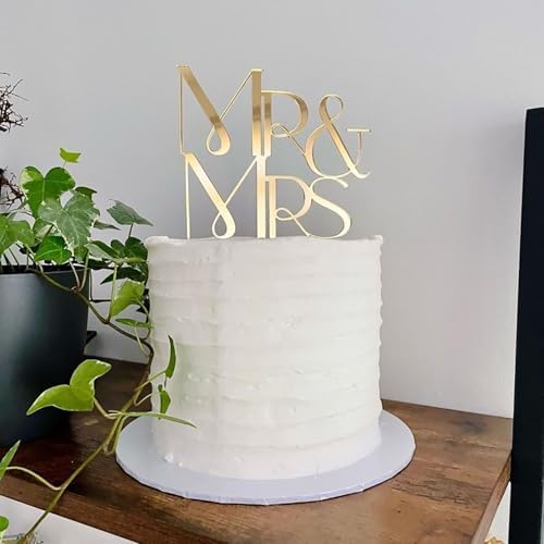 Mr & Mrs Wedding Cake Topper, Gold Mirror Acrylic Engagement Cake Decoration Elegant Bridal Shower Party Decoration Supplies