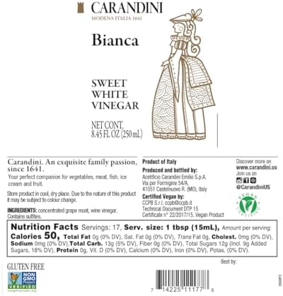 Carandini Bianca Sweet White Vinegar | Italian White Balsamic-Style Vinegar, Gourmet Substitute for White Balsamic or Wine Vinegar – Made in Italy, 8.45 fl oz (Pack of 2)