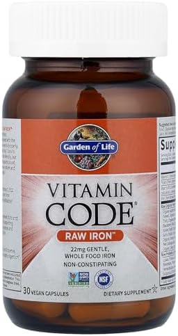 Garden of Life Vitamin Code Raw Iron Supplement - 30 Vegan Capsules, 22mg Once Daily Iron, Vitamins C, B12, Folate, Fruit, Veggies & Probiotics, Iron Supplements for Women, Energy & Anemia Support