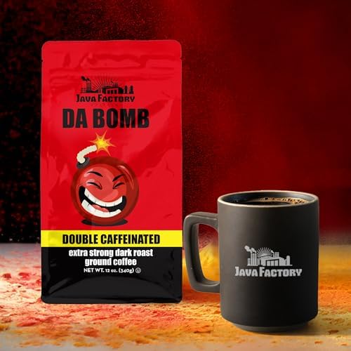 Java Factory High Caffeine Ground Coffee, Da Bomb Dark Roast, Double Caffeinated for a Bold, Strong Brew, 12 Ounce Bag, Perfect for French Press and Drip Coffee Makers